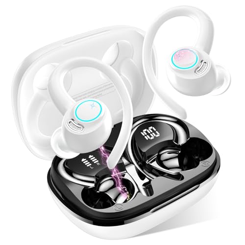 Jesebang Wireless Earbuds, Bluetooth 5.3 Headphones, 2025 Wireless Earphones HiFi Stereo Sound with ENC Mic, Sport Headsets in Ear EarHooks for Running, 40H Dual LED Display, White