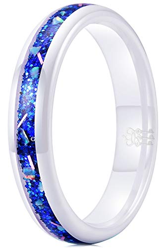 THREE KEYS JEWELRY Womens Galaxy Rings 4mm Unique Ceramic Ring Colourful Blue Opal Domed Wedding Band Gifts Bands Rings for Women White Size 8.5