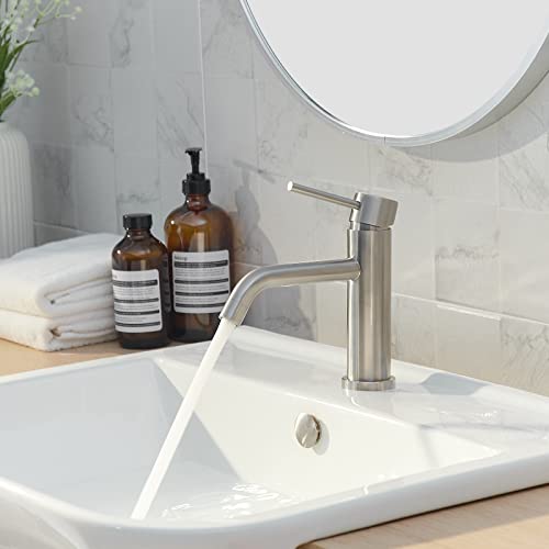 Bathroom Sink Faucet Brushed Nickel Single Hole Single Handle Modern Vanity Lavatory Mixer Tap RV Deck Mounted with Pop Up Drain with Overflow Combo