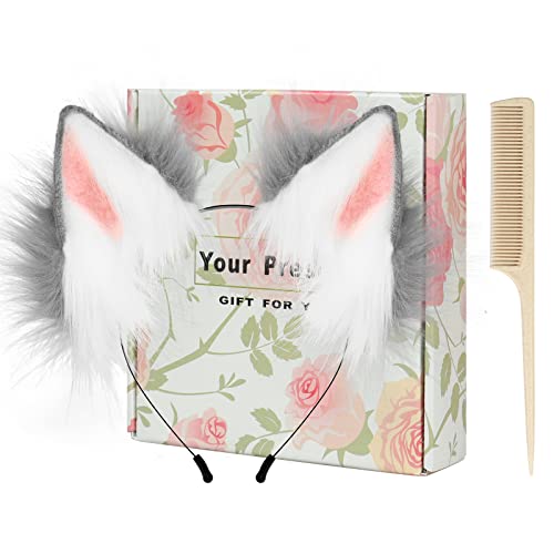 HAOAN Handmade Cat Fox Fur Ears Hairhoop Headwear Anime Fancy Dress Party Cosplay Halloween Costume Headband Hairband Gray