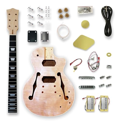 BexGears DIY Electric Guitar Kit, Natural, Right Handed, 6 String, H-H Pickup Configuration, Maple Neck, Okoume Body, Mahogany Top, Composite Ebony Fingerboard, Fixed Bridge