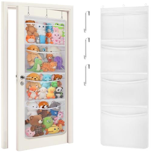 Lifewit Stuffed Animal Storage, Over the Door Organizer with 5 Expandable Mesh Pockets, Breathable Oxford Fabric Hanging Kid Baby Plush Toy Holder for Nursery, 167 cm (65.8'') High, White, 1 Pack