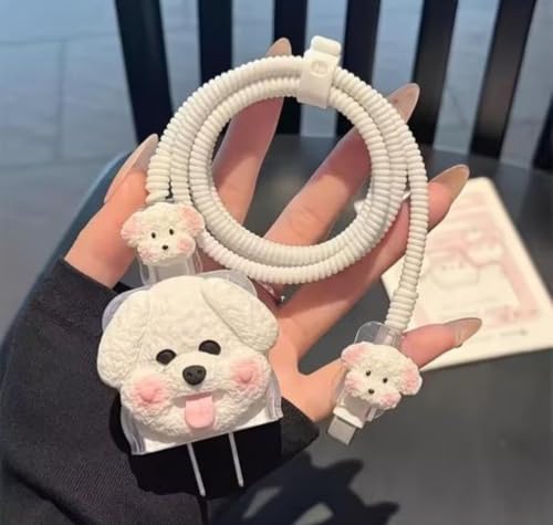 Dezet for iPhone Charger 18-20W Cute Cartoon Charging Cable Protector Set for iPhone Fast Charging USB Cable with Protective Silicone Cover & Organizer Clip Stylish Design (White Dog New)