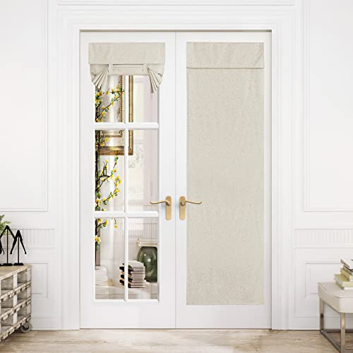 NICETOWN Linen Door Curtain for Window, Farmhouse French Door Curtain Shade for Kitchen Bathroom Thermal Insulated 100% Blackout Tie Up Shade for Pati