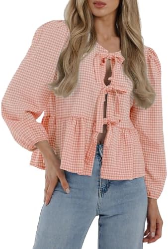 PRETTYGARDEN Women's Spring Fall Babydoll Peplum Blouse Shirt Puff Long Sleeve Bow Tie Front Trendy Cute Y2K Going Out Tops