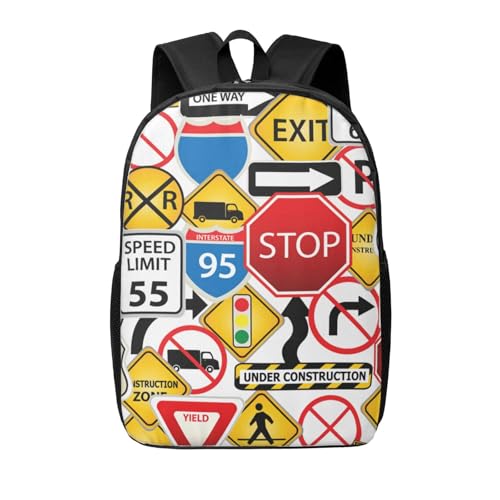 Street Collage Of Road And Traffic Signs Highway Stop Backpack, 17 Inch Travel Business Laptop Backpack For Women Men