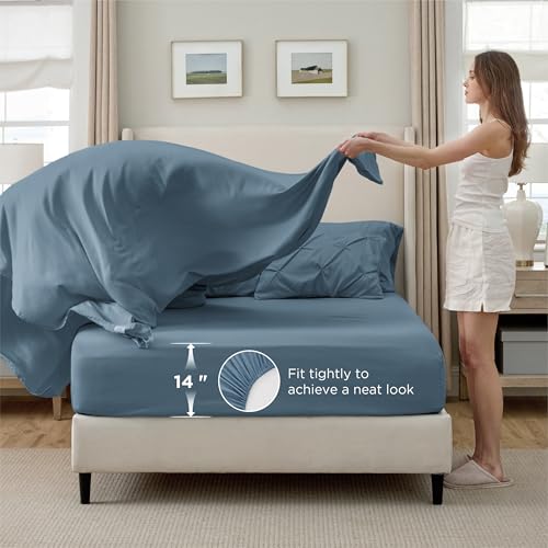 Image of Bedsure Full Comforter Set Mineral Blue - Bed in a Bag Full Size Bedding Set 7 PCS, GentleSoft Pintuck Bed Set Gift for Family, All Season Down Alternative Comforter with Sheets, Pillowcases & Shams
