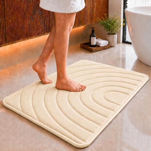 Image of Premium Memory Foam Bath Mat | 40x60cm Super Absorbent Velvet Bathroom Rug | Non-Slip Machine Washable Floor Mat (Vanilla Cream)