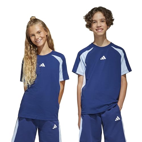 adidas Unisex niños Seasonal Essentials Colorblock T-Shirt, Dark Blue/Glow Blue/White, 13-14 Years