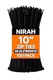 Nirah Zip Ties 10 inch Black (100 Pack), 40 lbs Tensile Strength. UV Resistant, Multi-purpose, Self-locking Nylon Cable Ties, Plastic Wire Ties for Indoor, Outdoor, Electrical, Automotive Use