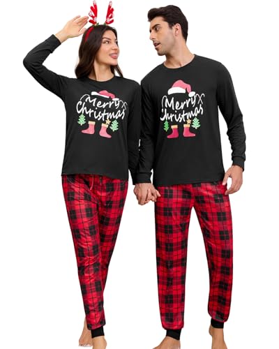 difficort Matching Christmas Pajamas for Couples Printed 2 Piece Sleepwear Holiday Pjs Jammies, Santa's Hat, Medium