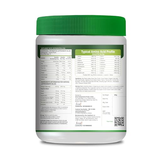 Image of Pure Nutrition Plant Protein Powder for Men, Women - Banana Strawberry - 500g, With Shaker (650ml) | Pea & Brown Rice Protein with Omega3, BCAA & Digestive Enzymes
