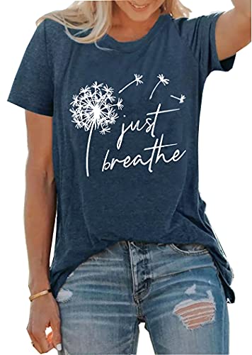 Just Breathe Dandelion T-Shirt for Women Dandelion Graphic Tees Short Sleeve Christian Shirts Tops