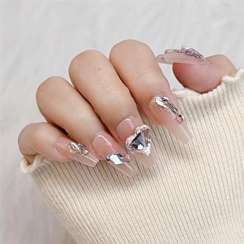 Press on Nails, Handmade Middle Square Fake Nails, Easy to Replace False Nails for Wedding, Party, Birthday. Stick on Nails with Storage Box 10 Pcs (Pink Heart, M) Cover