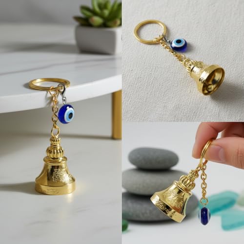 Image of Gold Guardian Bell For Bike Keychain with Evil Eye Charm - Good Luck Motorcycle Bell for Riders | Protective Biker Gift for Men, Women, Friends & Loved Ones | (Shiny Golden with Evil Eye)