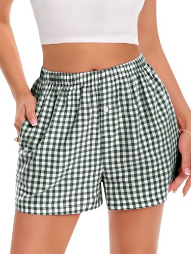 CHICGAL Boxer Shorts for Women Summer Gingham Pj with Pocket,Green,M