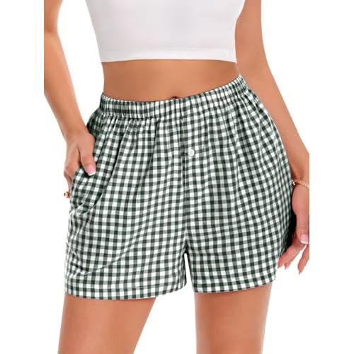 Boxer Shorts for Women Summer Gingham Pajama Casual Plaid Shorts Y2K Beach Bottoms with Pocket Small Green