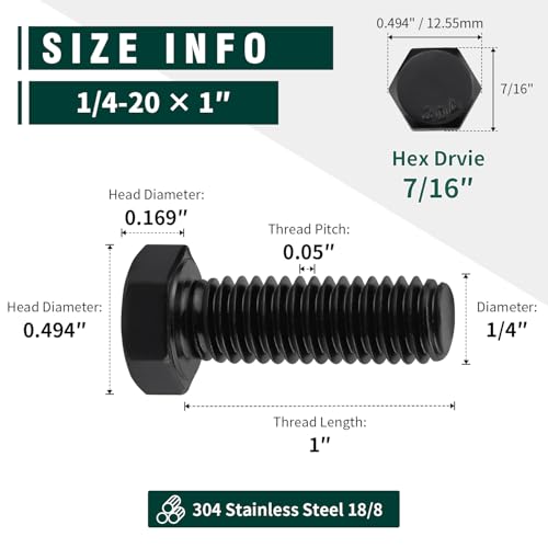 Image of 1 /4-20 x 1 Hex Head Bolts Black, 304 Stainless Steel 18-8 Hexagon Head Screws Bolts, Black Oxide Finish, Allen Hex Drive, 20 PCS