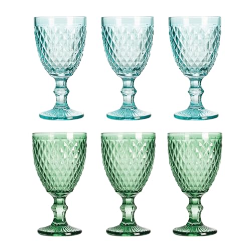 Solycarpa Juego De 6 Copas De Color a Elegir de Cristal. Modelo Transparente para Fiesta, Boda o Bautizo Original y Resistente (3 Unidades Verde + 3 Azul Claro). Ideal para Vino, Cava o Agua.