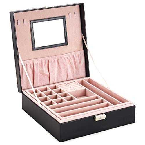 goldwheat Jewelry Box Organizer with Lock and Key,Black Leather Jewelry Watche Earring Ring