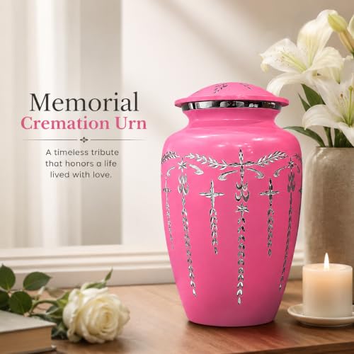 Image of ALPHA Living HOME Adult Cremation Urn for Human Ashes, Durable Aluminum Memorial Funeral Urn with Secure Screw-Top Lid, Dignified Decorative Urn for Loved Ones, Pink