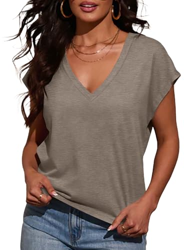 INFITTY Women's T-Shirts Oversized Short Sleeve Basic Going Out Tops Ladies Shirt V Neck Loose Fit Summer Tee Tops Grey M