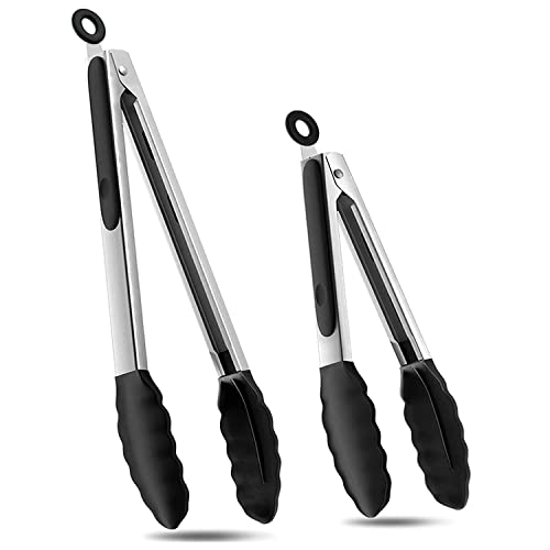 2-Pack Of 9" (Small) & 12" (Large) Kitchen Tongs Set: Non-Stick Silicone-Stainless Steel Cooking Tongs, Bpa Free, Heat Resistant (480°F) - Non-Slip Grip & Locking Metal Food Tongs (Black) #TOP25