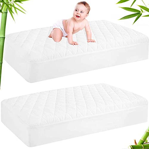 Image of GRT 2 Pack Bamboo Rayon Waterproof Crib Mattress Protector, Quilted Baby Mattress Cover Fitted Deep Pocket from 4" up to 9", Extra Soft Breathable & Noiseless Toddler Mattress Pad 52"x28", White