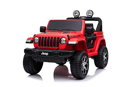ES-TOYS Kinderfahrzeug - Elektro Auto Jeep Wrangler Rubicon - lizenziert - 4 Motoren + 12V10AH Akku + 2,4Ghz+Ledersitz+Eva+Doppelsitzer -Rot