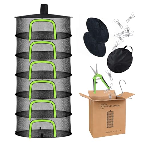 Herb Drying Rack Hanging Mesh Net - 6 Tier plant drying rack Foldable Design with U-Zipper Bonus Pruning Shears & Plant Hooks for Garden Herbs Vegetables Fruits Flowers & Dried Foods (23.62)