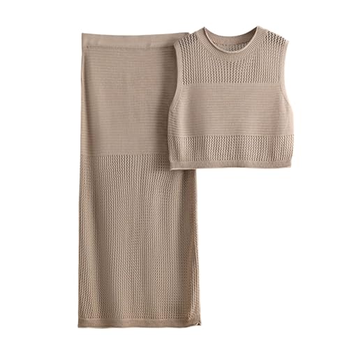 Jupe fendue en tricot et gilet d'été sans manches pour ensemble femme chic
