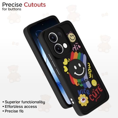 Image of Pikkme Back Cover for Oppo Reno 13 5G | Soft Silicone| Cute Rainbow Smile & 3D Cartoon Flower Design | Shockproof Raised Camera Protection Bumper Case (Black)