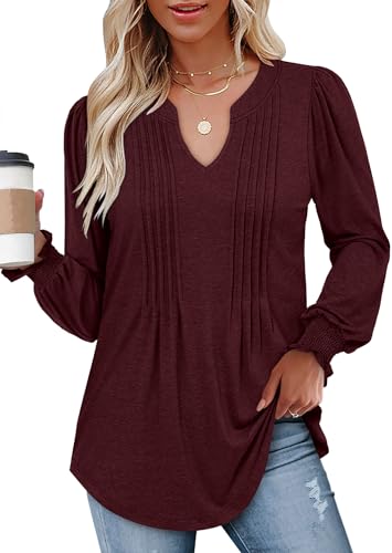 BETTE BOUTIK Long Sleeve Shirts for Women Fall Tops Dressy Blouses Pleated V Neck Tunic Tops for Leggings S-3XL