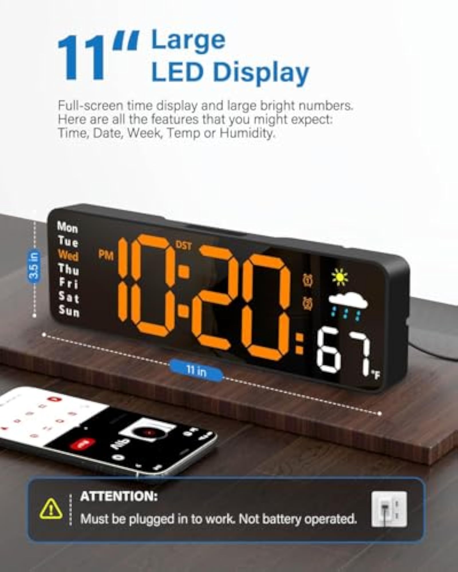 Digital Wall Clock, Large Display with Remote