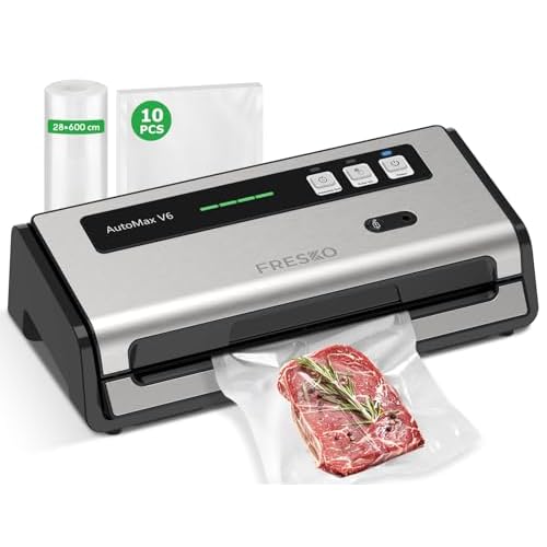 FRESKO Automatische Vakuumiergerät, 140 W Vakuumierer, Verbreiterte Heizstreifen, Integrierter Schneider und Beutelaufbewahrung, Einhandbedienung (Au