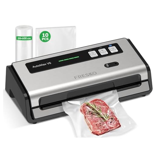 FRESKO Automatische Vakuumiergerät, 140 W Vakuumierer, Verbreiterte Heizstreifen, Integrierter Schneider und Beutelaufbewahrung, Einhandbedienung (Automax V6)