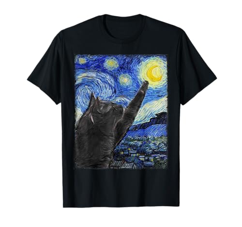 Gatto di notte stellata Van Gogh Cat Maglietta