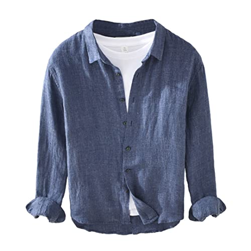 Men Spring Linen Long Sleeve Shirt Vintage Solid Color Casual Shirt2