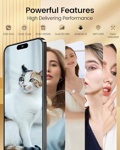 Echoamo A14 Pro Max Cell Phone, 5G Unlocked Smartphone 6GB+256GB Smartphone Android 13, 6000mAh Battery, 6.82\" FHD+ Display 120Hz 64MP Camera, Dual SIM Octa-Core Phone GPS/Fingerprint/Face ID 5G Black - Thumbnail 3
