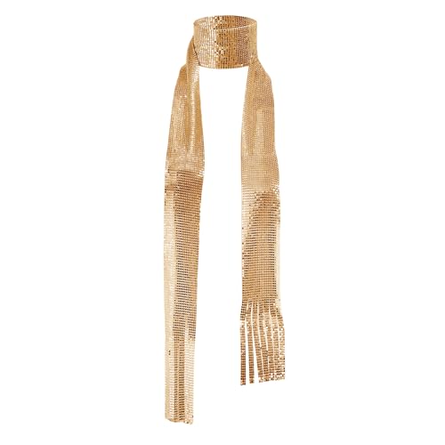 FakeFace Glitzernder Pailletten-Schal, 70er Jahre Disco-Accessoire, lange schmale Krawatte für Damen, Fasching Karneval Club Party Kostüm (Gold)