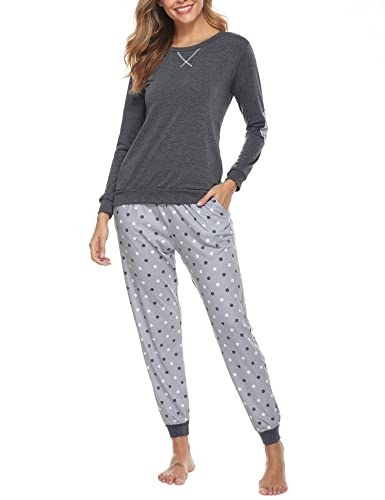 Marvmys Pijamas Mujer Invierno Algodon Pijamas Mujer Manga Larga Tallas Grandes Ropa de Dormir Conjunto de Pijama de 2 Piezas Tops y Pantalones de Lunares, Gris Oscuro, L