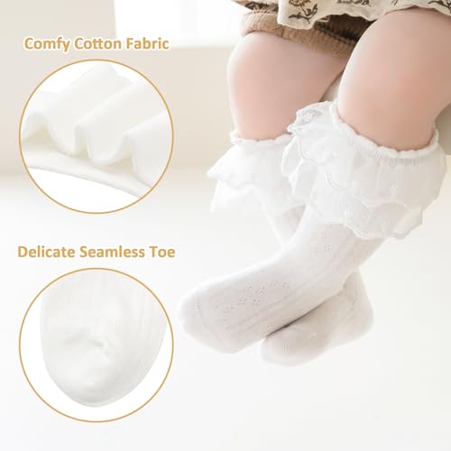 Meeshine 5 Pack Baby Girls Knee High Socks Infants Toddler Eyelet White Cotton Ruffle Mesh Double Lace Long Stockings 1-5T2
