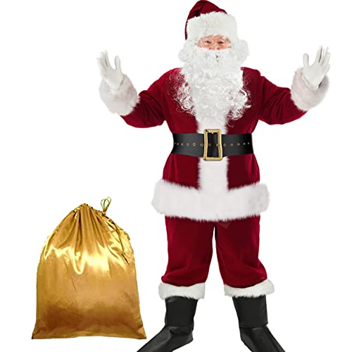 Christmas Santa Clause Costume Santa Suit Adults Men Velvet Santa Costume for Men Deluxe Santa Outfit Male Costume (L/XL, Burgundy3)