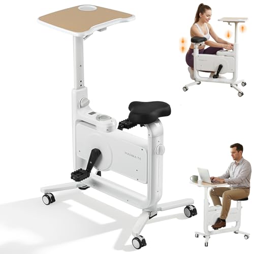 2-in-1 Exercise Bike with Desk for Height 47-62 264lbs Capacity&Mobile Storage Under Desk Bike 30dB Stationary Bikes with Adjustable Height Desktop Seat for Leisure Weight Loss Rehabilitation