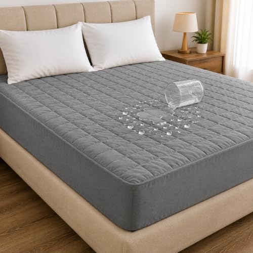 Image of BABYLEE 100% Waterproof Quilted King 72x72 Inch 6x6 Ft Fits Upto 10 Inch Mattress | Premium Terry Cotton Breathable Bed Protector | Mattress Cover for Double Bed | Grey Color Bed Protector