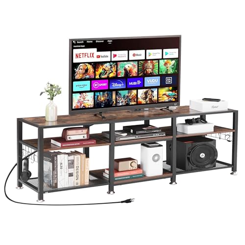 VECELO TV Stand with Power Outlets for Televisions Up to 75 Inch, Industrial Entertainment Center with 3-Tier Open Storage Shelves & Charging Station & Hooks for Living, Bedroom, 70 in, Brown