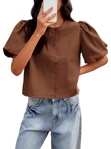 Tankaneo Womens Cropped Tops Puff Sleeve Button Down Shirts Trendy Casual Loose Fit Cute Blouse Coffee