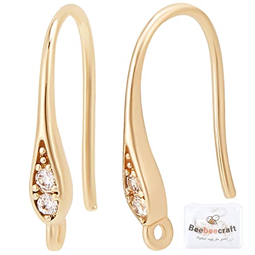 Beebeecraft 10Pcs/Box 18K Gold Plated Cubic Zirconia Earring Hooks Rhinestone French Ear Wires Hooks With Dangle Loop For Women Girls Diy Jewelry Earring Making Findings #TOP3
