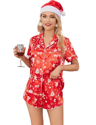 Ekouaer Womens Silk Satin Christmas Pajamas Set Short Sleeve Sleepwear Button Down Top and Shorts Loungewear 2 Piece Pjs Set Red Christmas Tree Medium