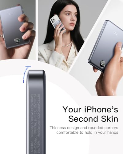 Image of iWALK Magnetic Portable Charger, 5,000mAh Ultra-Slim Power Bank Wireless Charging Battery Pack with LED Power Display, Comfortable Grip Powerbank Compatible with iPhone 17 /16 /15 /14 /13 Series, Gray